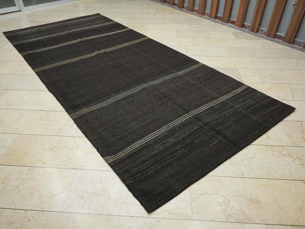 Vintage Goat Hair Kilim Rug: 5.4x12 ft, Natural Brown Flat Weave Rugs.