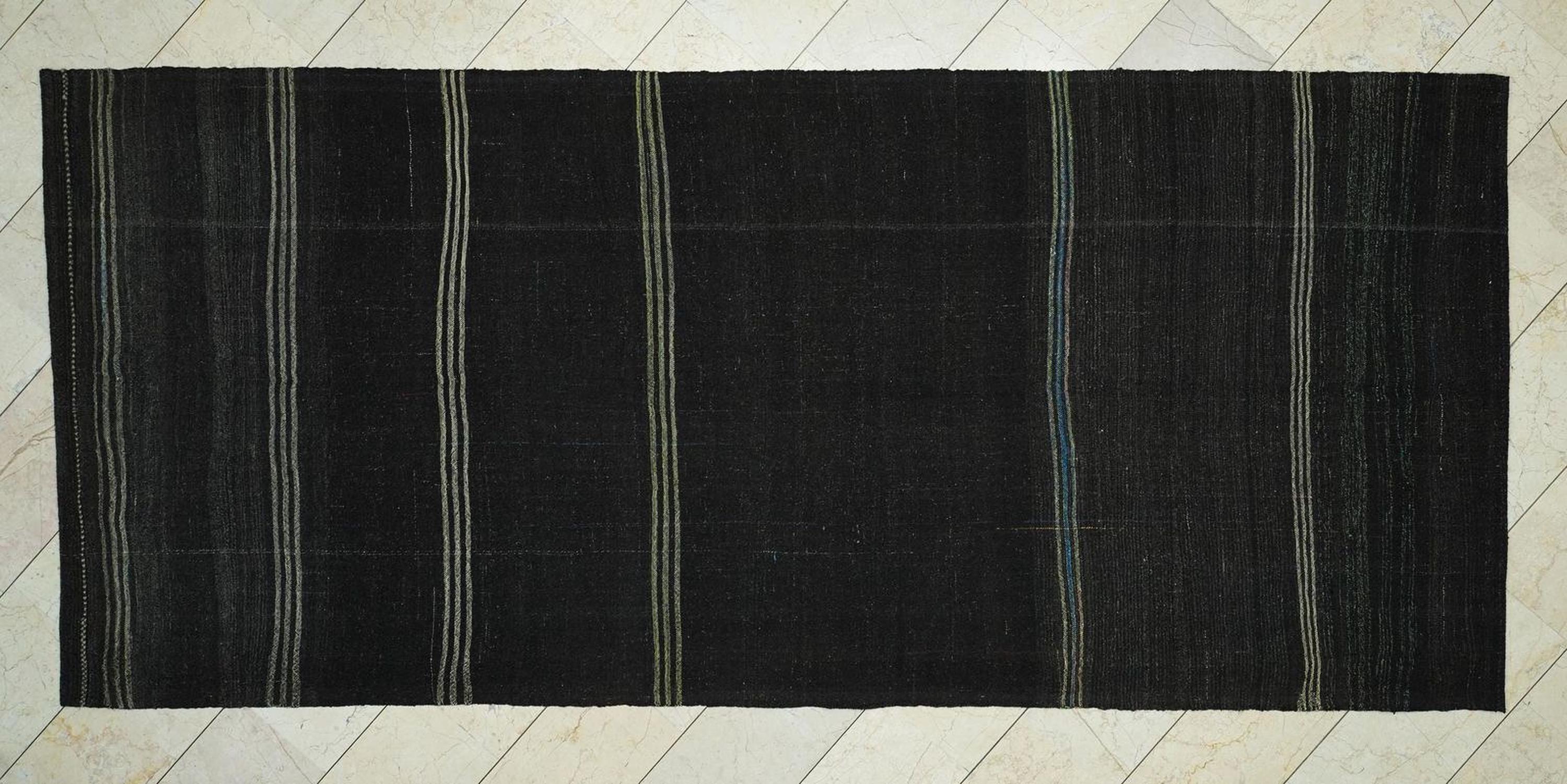 Vintage Goat Hair Kilim Rug: 5.4x12 ft, Natural Brown Flat Weave Rugs.