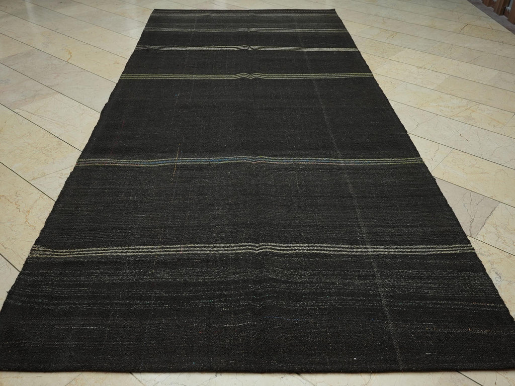 Vintage Goat Hair Kilim Rug: 5.4x12 ft, Natural Brown Flat Weave Rugs.