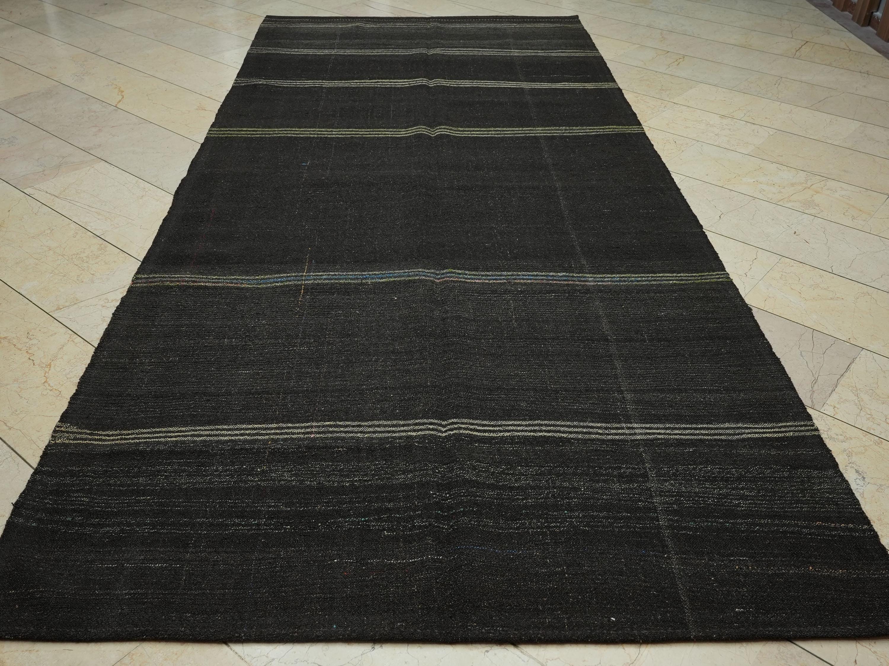 Vintage Goat Hair Kilim Rug: 5.4x12 ft, Natural Brown Flat Weave Rugs.