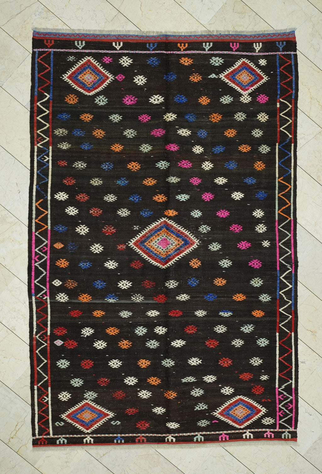 Dark Brown & Pink Goat Hair Kilim Rug: 6x9 ft Mid-Century Modern Anatolian Rugs.