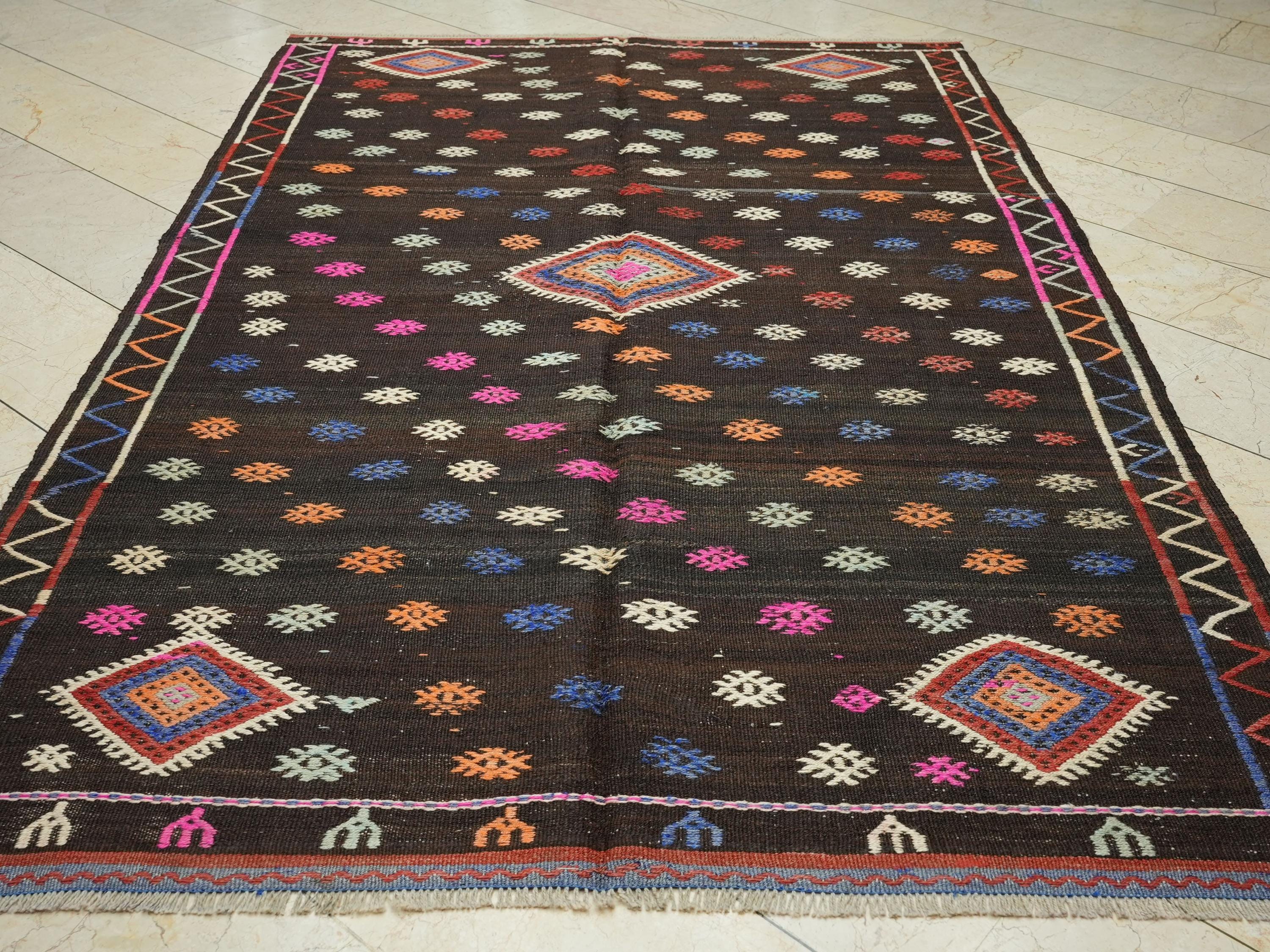 Dark Brown & Pink Goat Hair Kilim Rug: 6x9 ft Mid-Century Modern Anatolian Rugs.