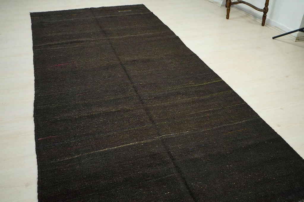 Dark Brown Goat Hair Kilim Rug: 4.8"x11' Vintage Turkish Flat Weave