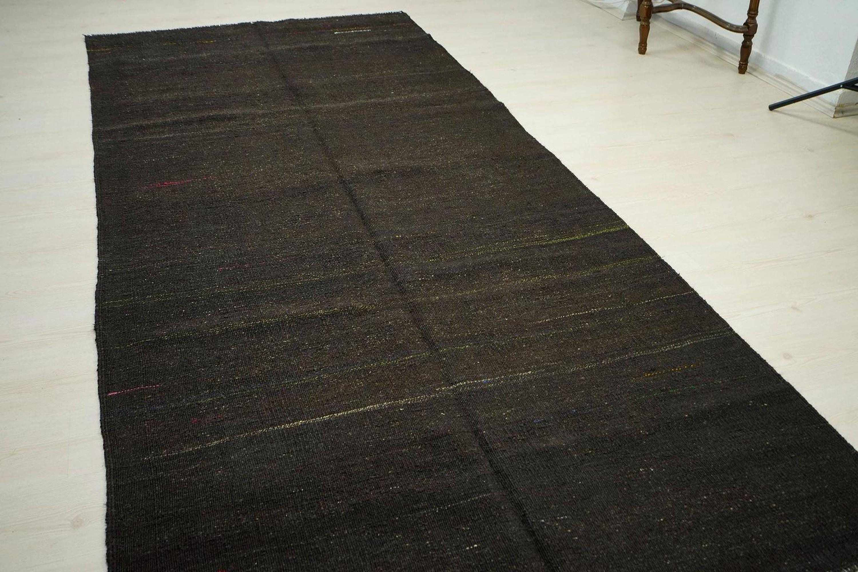 Dark Brown Goat Hair Kilim Rug: 4.8"x11' Vintage Turkish Flat Weave
