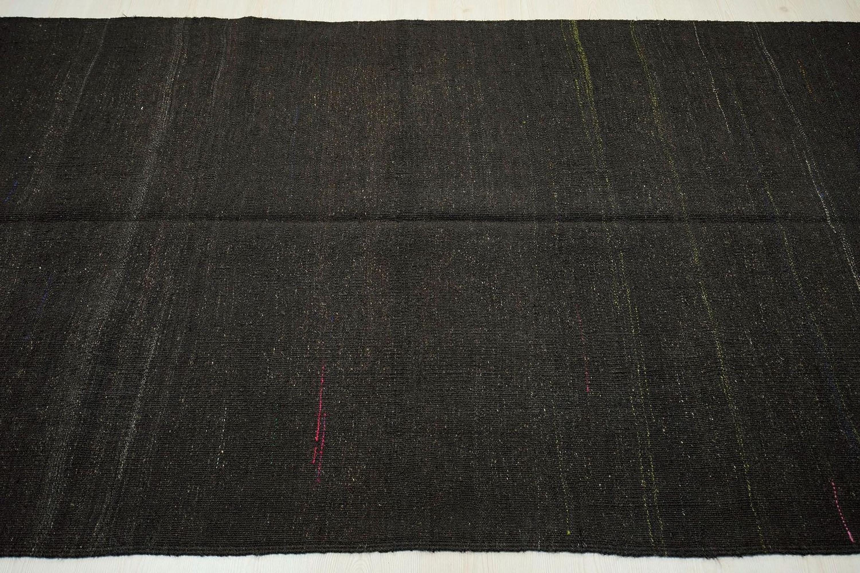 Dark Brown Goat Hair Kilim Rug: 4.8"x11' Vintage Turkish Flat Weave