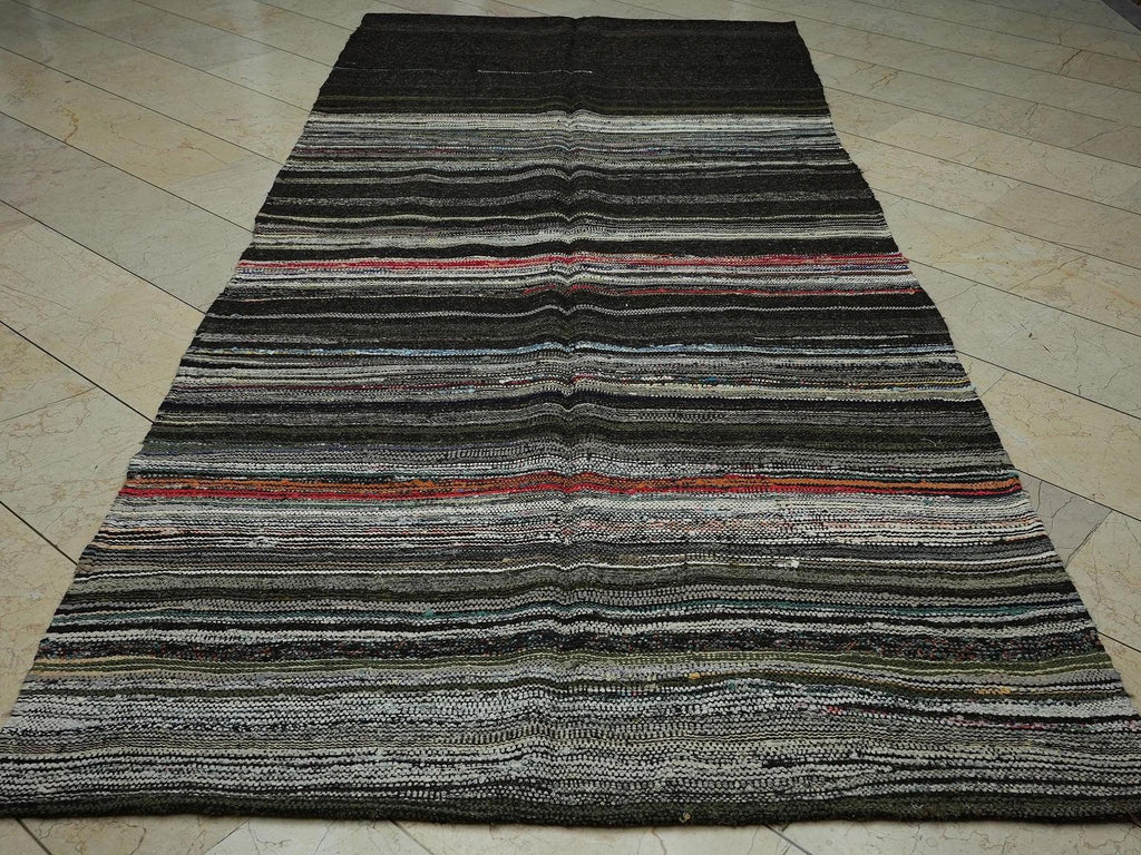 Dark Brown Striped Goat Hair Kilim Rug: 5.1"x11.3" Vintage Flat Woven Turkish Rugs.