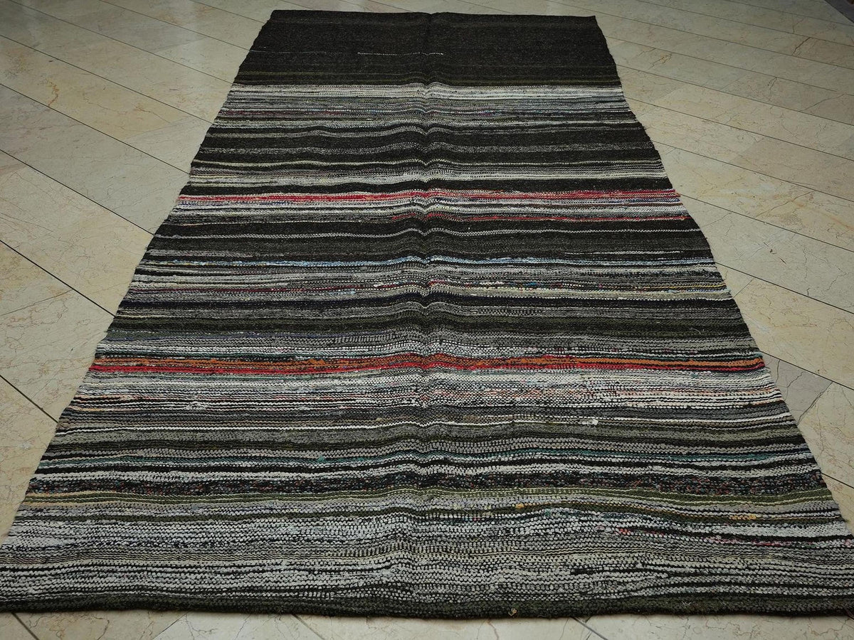 Dark Brown Striped Goat Hair Kilim Rug: 5.1"x11.3" Vintage Flat Woven Turkish Rugs.