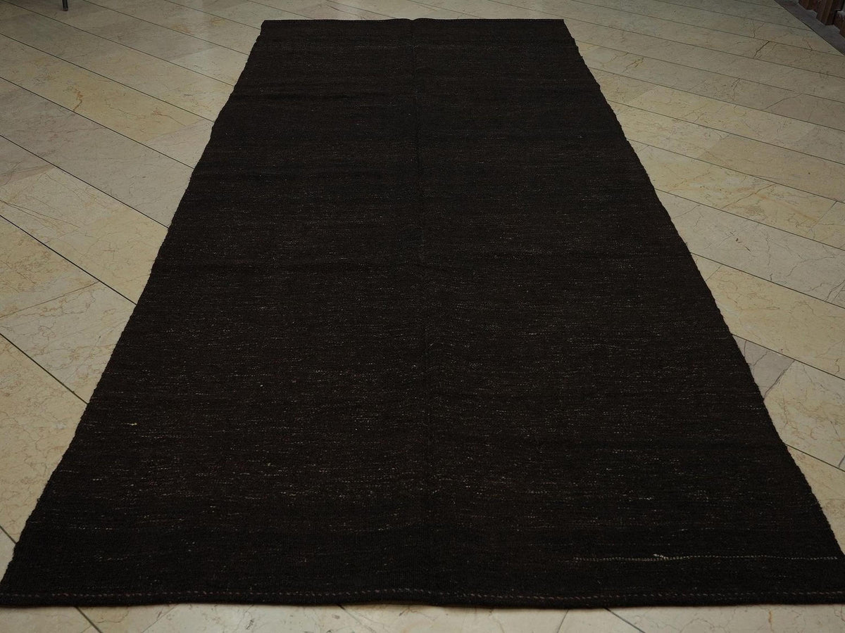 Vintage Brown Goat Hair Kilim Rug: 5.2"x11.7' Anatolian Flat Weave Rugs.