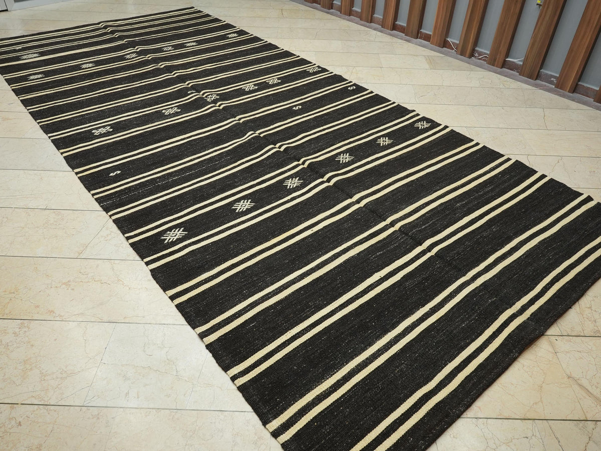 Goat Hair Woven Turkish Kilim Rug: Dark Brown & Cream Striped Hand Flat Weave Rugs.6,2x14 Ft.