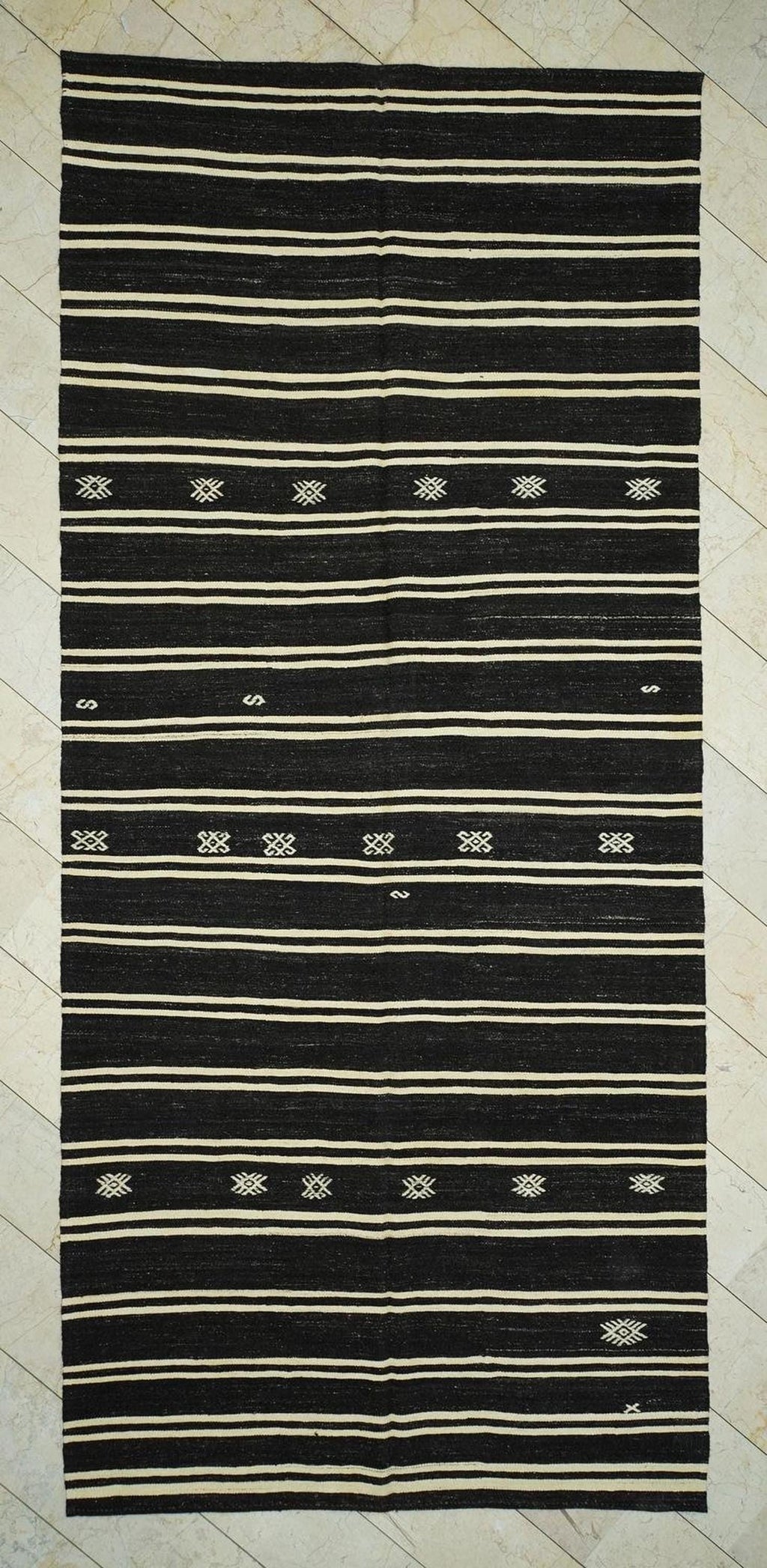 Goat Hair Woven Turkish Kilim Rug: Dark Brown & Cream Striped Hand Flat Weave Rugs.6,2x14 Ft.