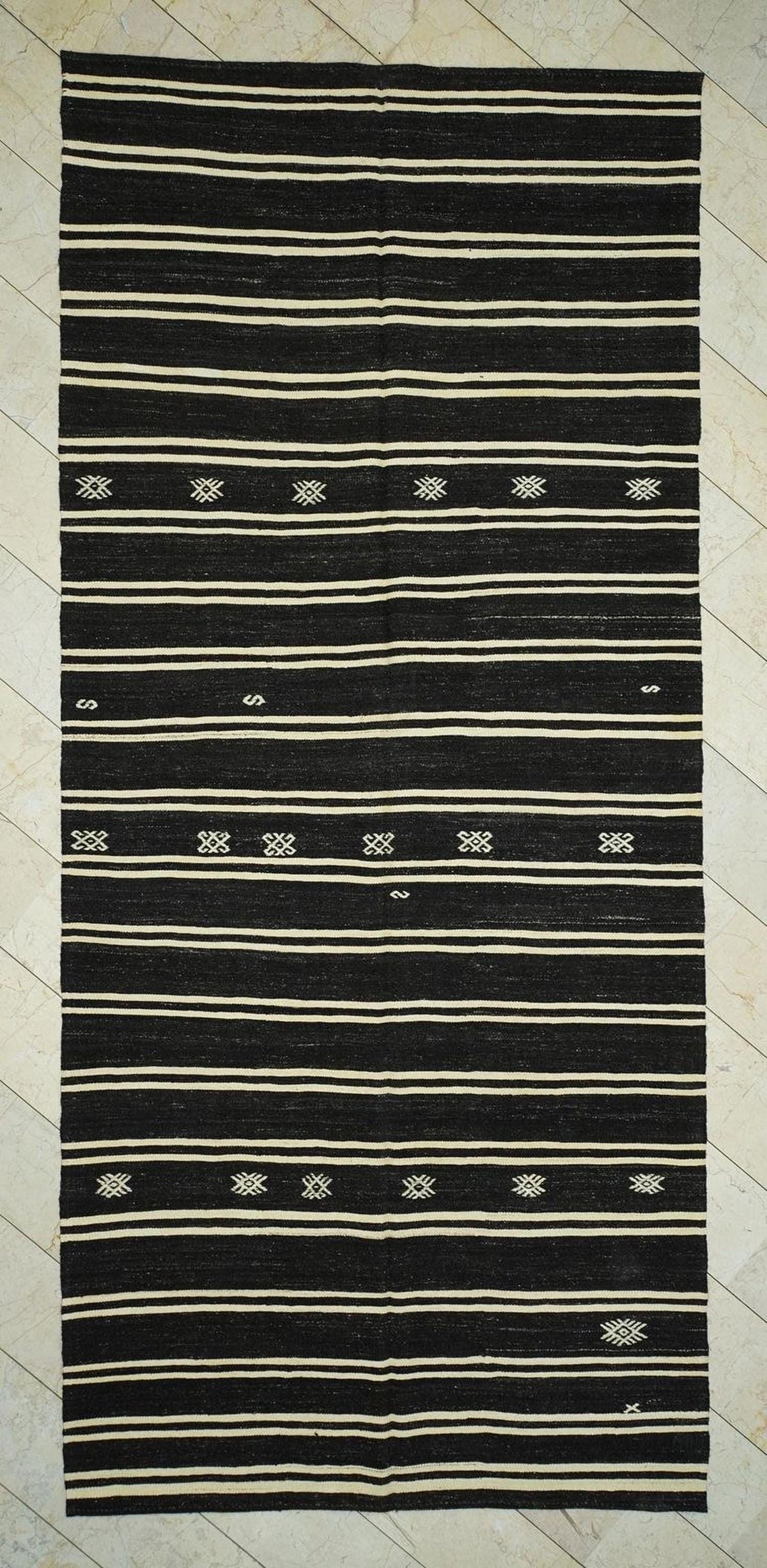 Goat Hair Woven Turkish Kilim Rug: Dark Brown & Cream Striped Hand Flat Weave Rugs.6,2x14 Ft.