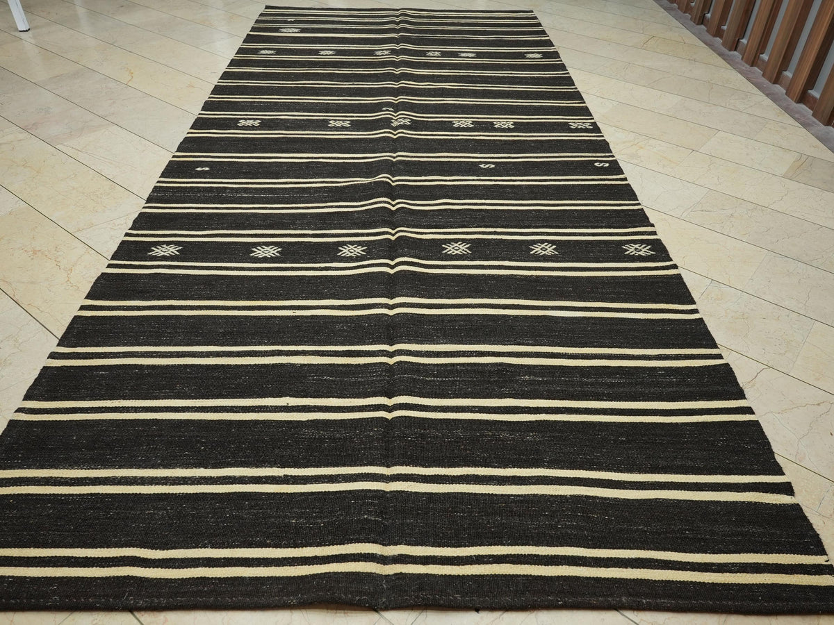 Goat Hair Woven Turkish Kilim Rug: Dark Brown & Cream Striped Hand Flat Weave Rugs.6,2x14 Ft.