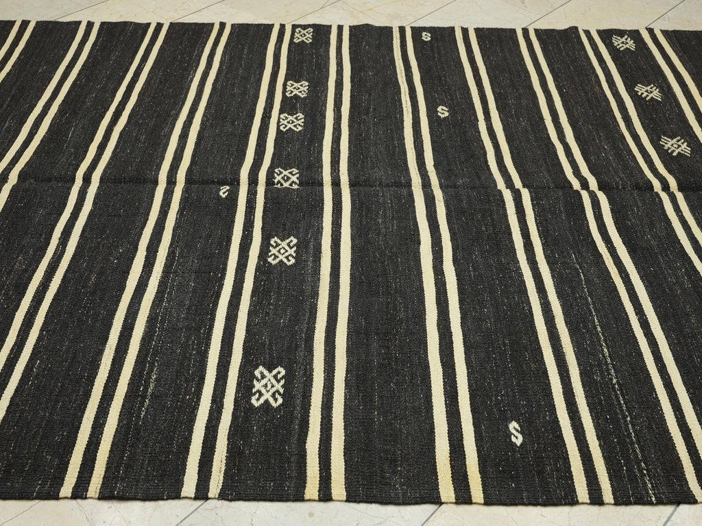 Goat Hair Woven Turkish Kilim Rug: Dark Brown & Cream Striped Hand Flat Weave Rugs.6,2x14 Ft.