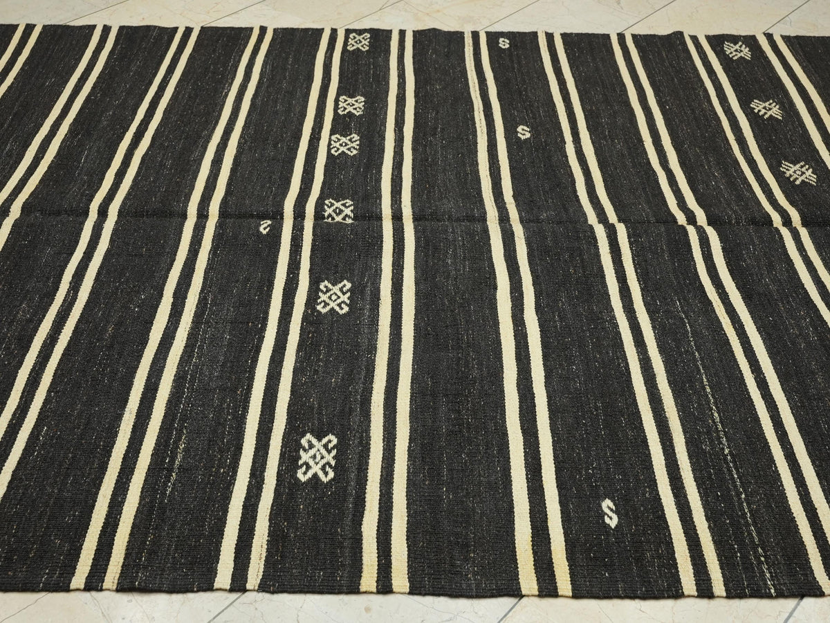 Goat Hair Woven Turkish Kilim Rug: Dark Brown & Cream Striped Hand Flat Weave Rugs.6,2x14 Ft.
