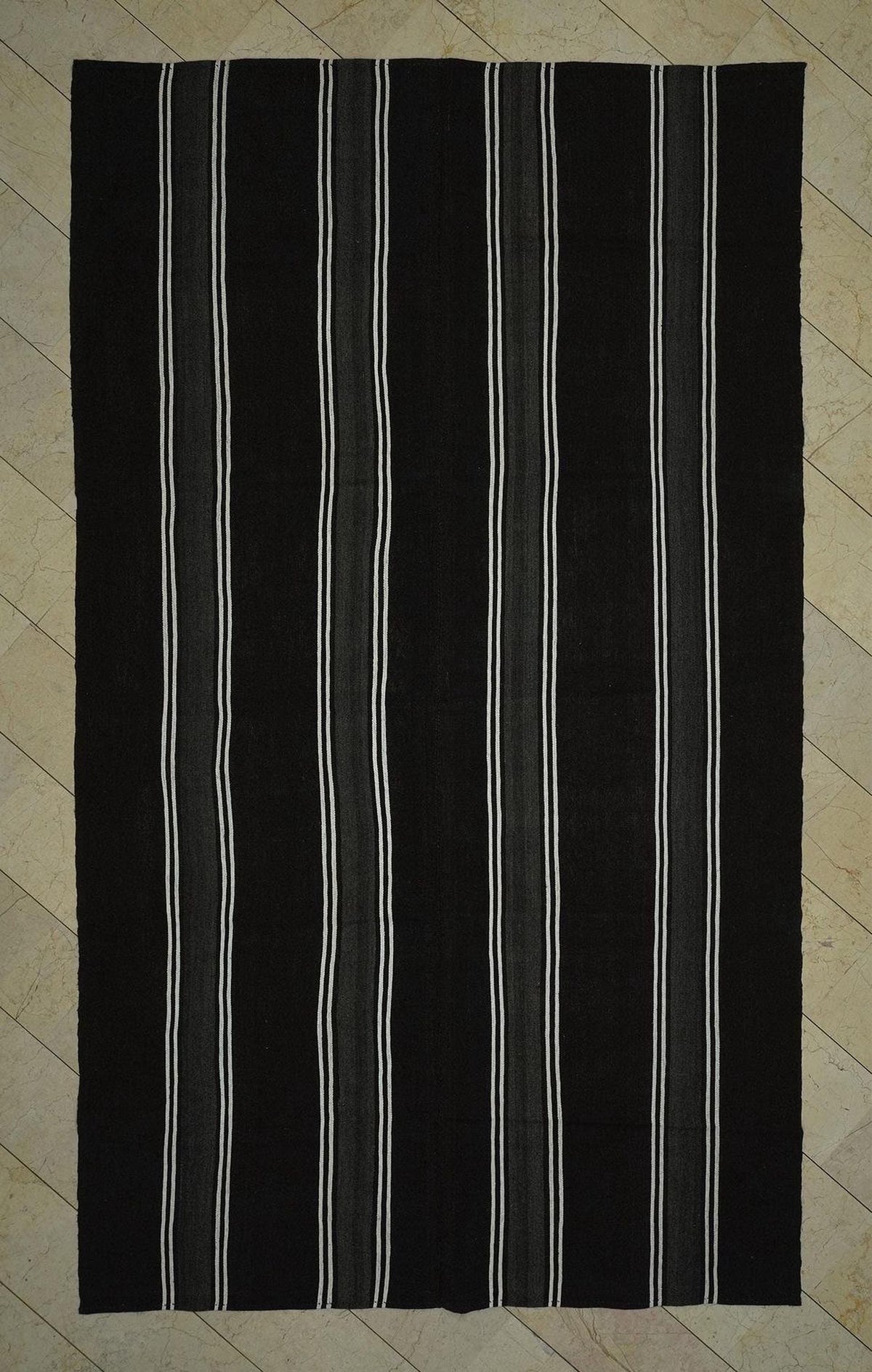 Striped Goat Hair Kilim Rug: Black and White Outdoor Spring Decor Rugs,7"x12,2" Feet.