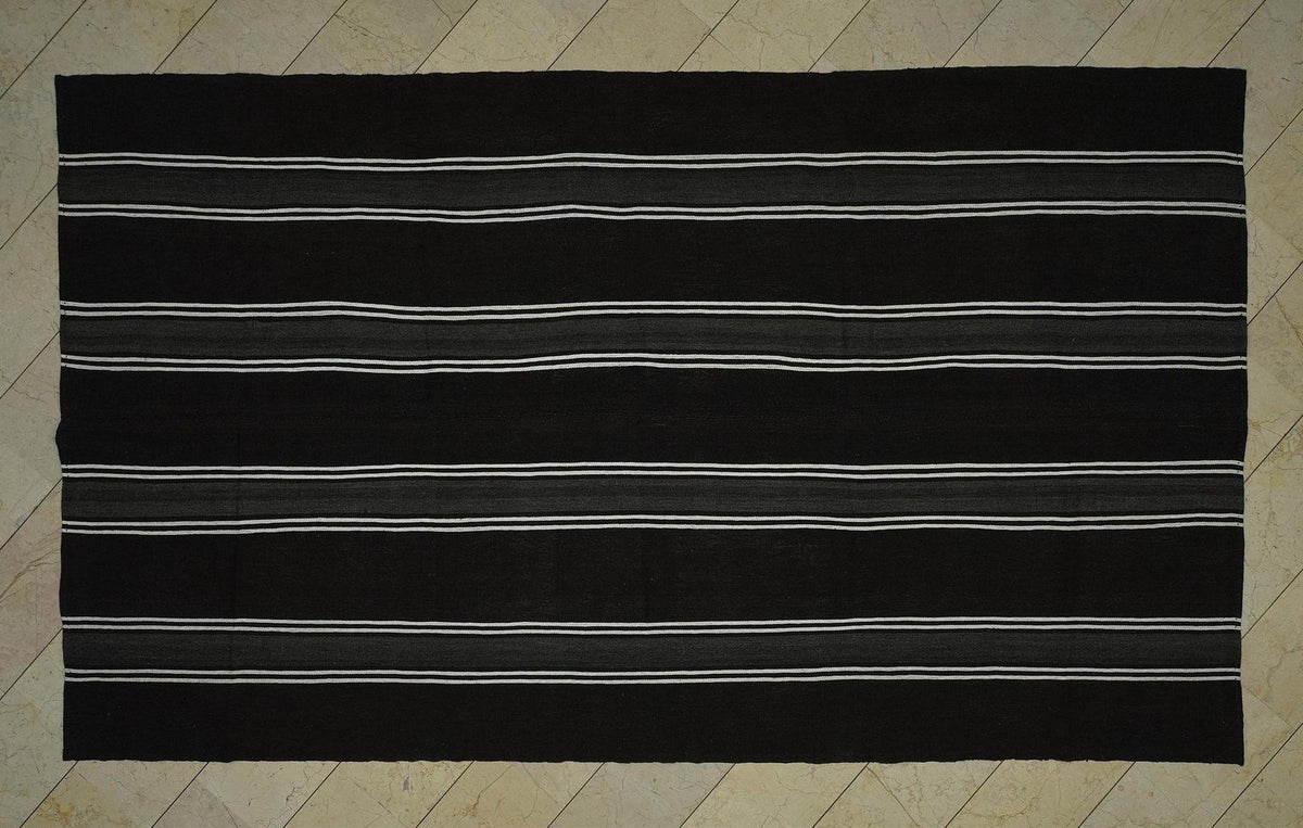 Striped Goat Hair Kilim Rug: Black and White Outdoor Spring Decor Rugs,7"x12,2" Feet.