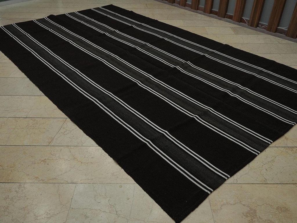 Striped Goat Hair Kilim Rug: Black and White Outdoor Spring Decor Rugs,7"x12,2" Feet.