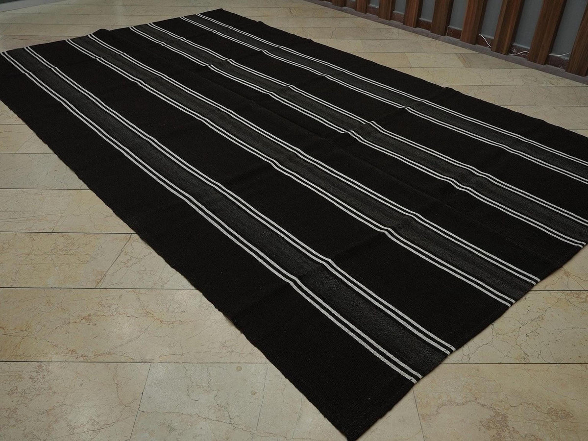 Striped Goat Hair Kilim Rug: Black and White Outdoor Spring Decor Rugs,7"x12,2" Feet.