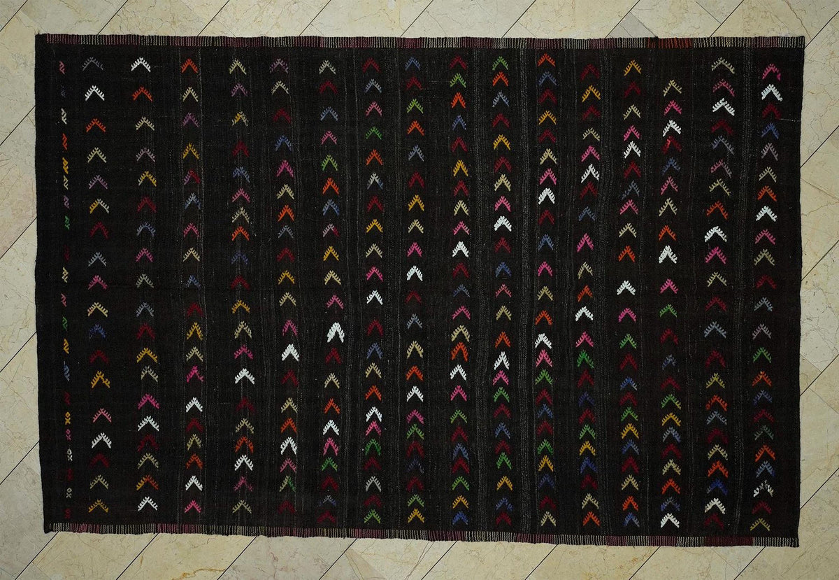 Embroidered 1960s Goat Hair Kilim Rug 7x10: Dark Brown Flat Weave Rugs.
