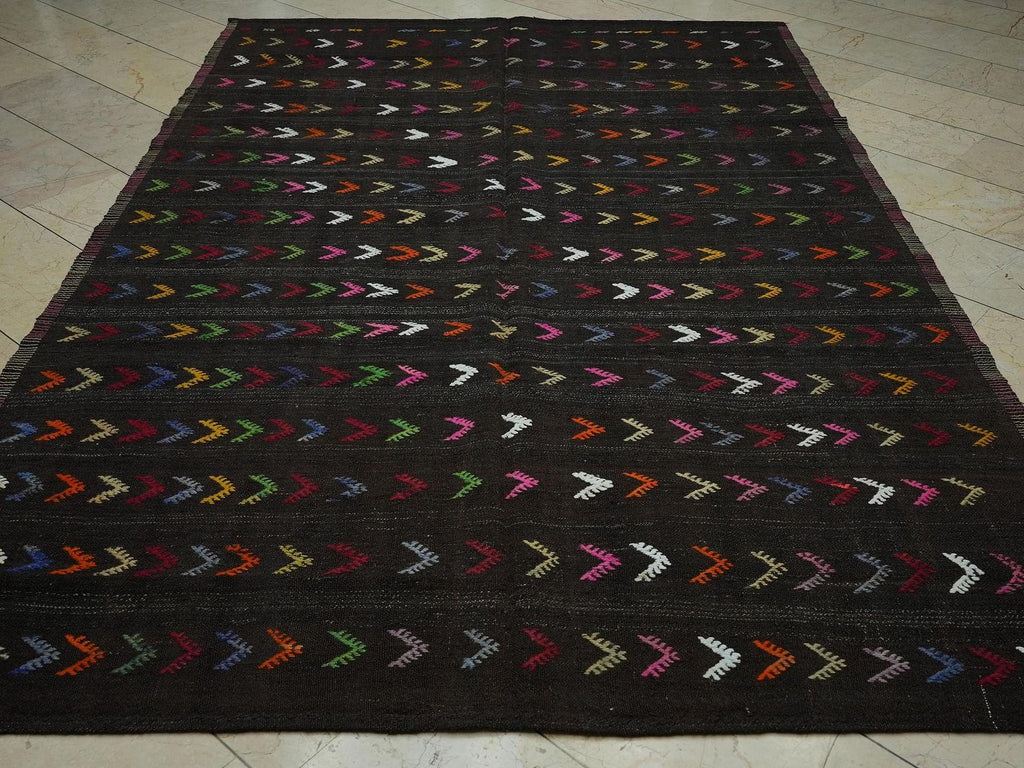 Embroidered 1960s Goat Hair Kilim Rug 7x10: Dark Brown Flat Weave Rugs.