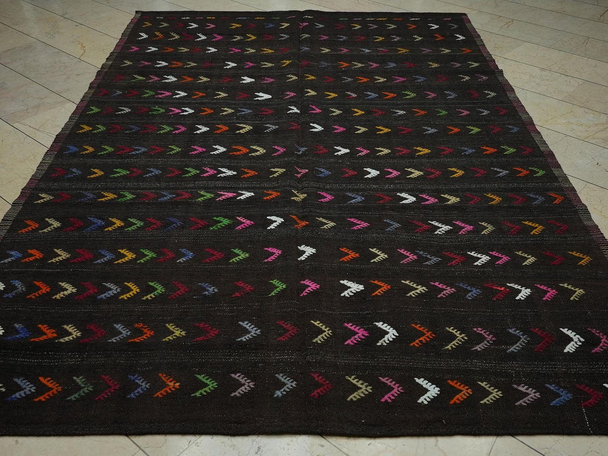 Embroidered 1960s Goat Hair Kilim Rug 7x10: Dark Brown Flat Weave Rugs.