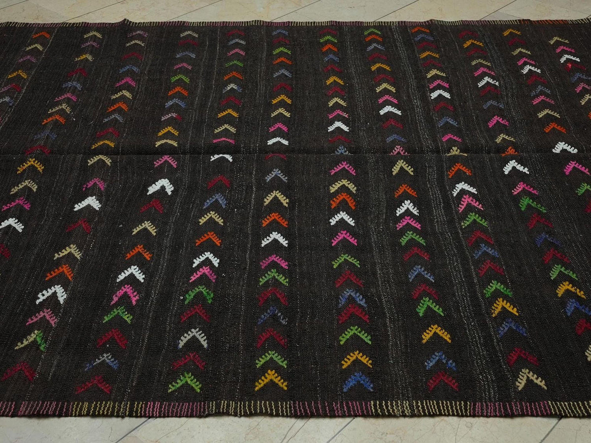 Embroidered 1960s Goat Hair Kilim Rug 7x10: Dark Brown Flat Weave Rugs.