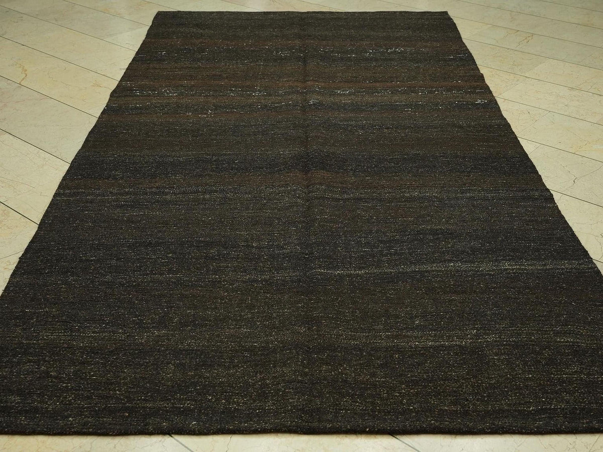 Outdoor Decor Dark Brown Goat Hair Kilim Rug:5.3x10.2 Feet,Turkish Flat Woven Rugs