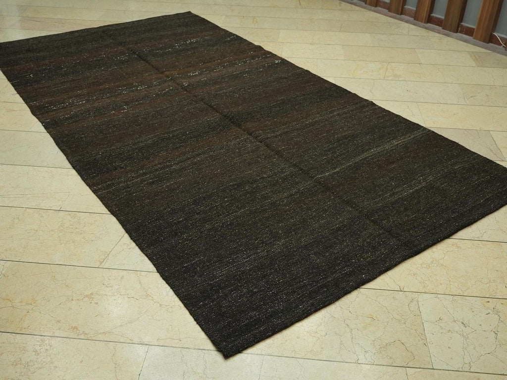 Outdoor Decor Dark Brown Goat Hair Kilim Rug:5.3x10.2 Feet,Turkish Flat Woven Rugs
