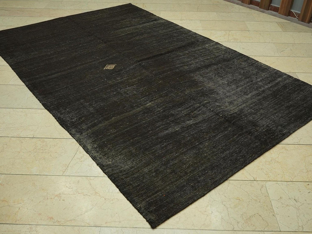 Plain Dark Brown Natural Goat Hair Kilim Rug: 6x9.3 Feet,Turkish Nomadic Handwoven Rugs