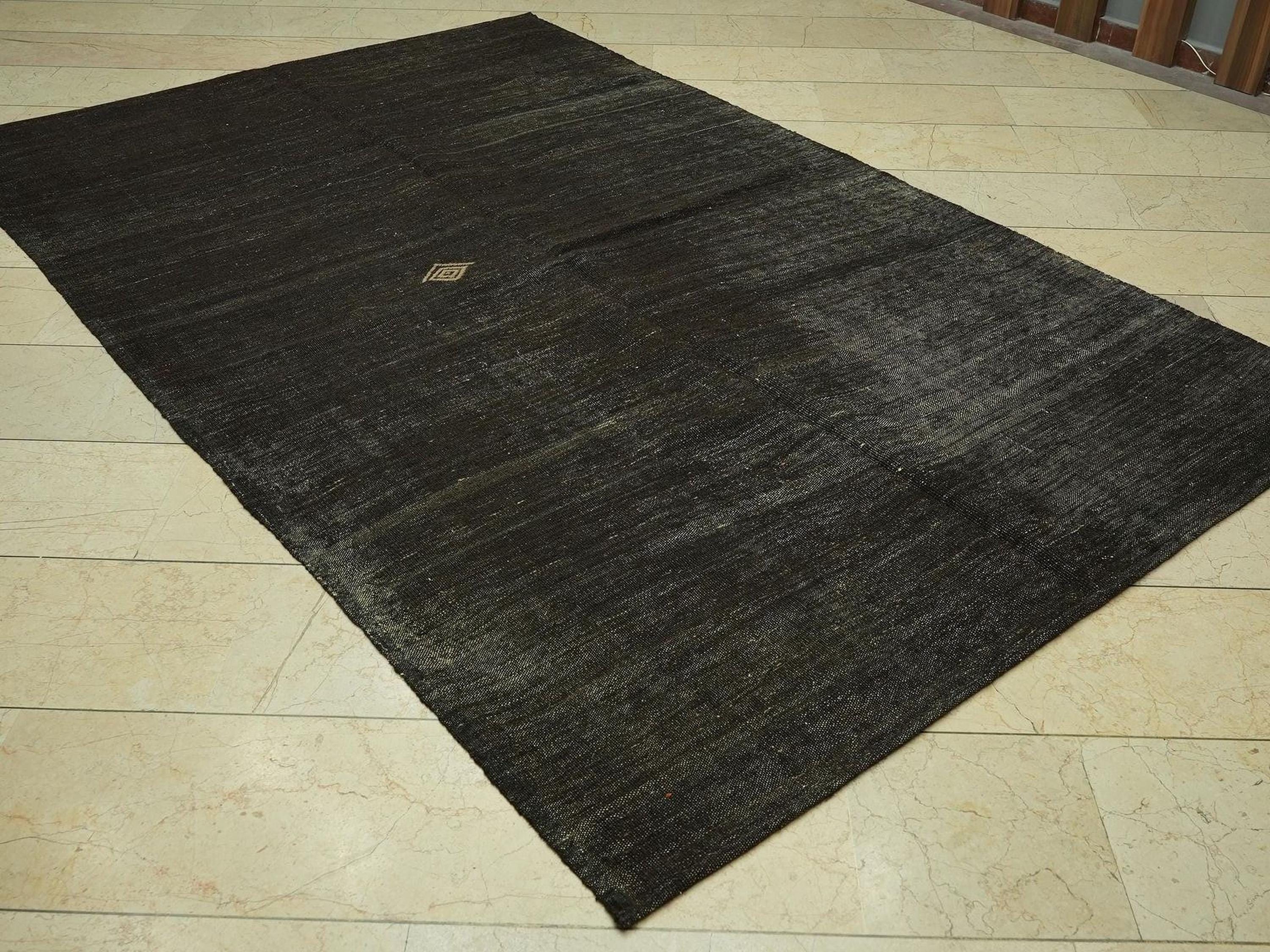 Plain Dark Brown Natural Goat Hair Kilim Rug: 6x9.3 Feet,Turkish Nomadic Handwoven Rugs