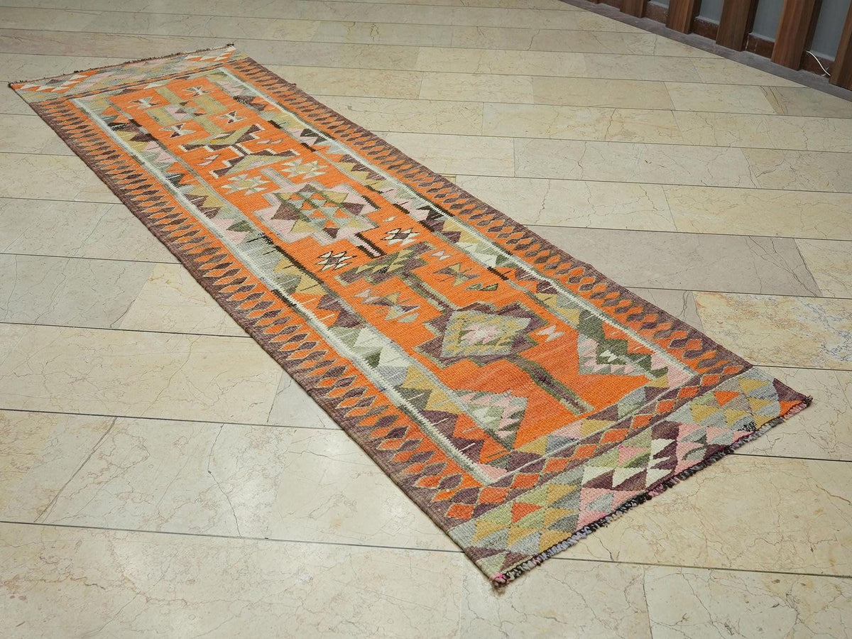 Vintage Turkish Kilim Rug Runner: Striped Wool Flat Weave, 2.8x9.2 ft