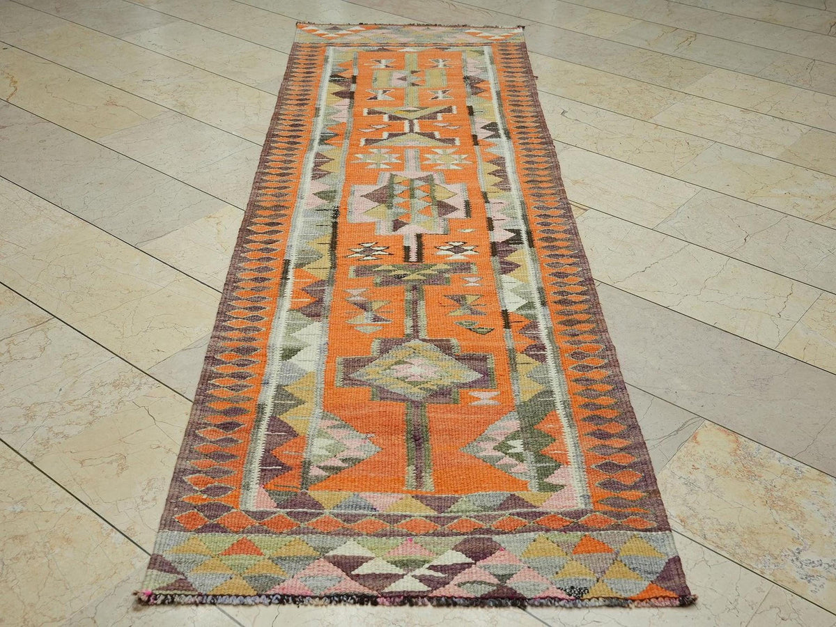 Vintage Turkish Kilim Rug Runner: Striped Wool Flat Weave, 2.8x9.2 ft