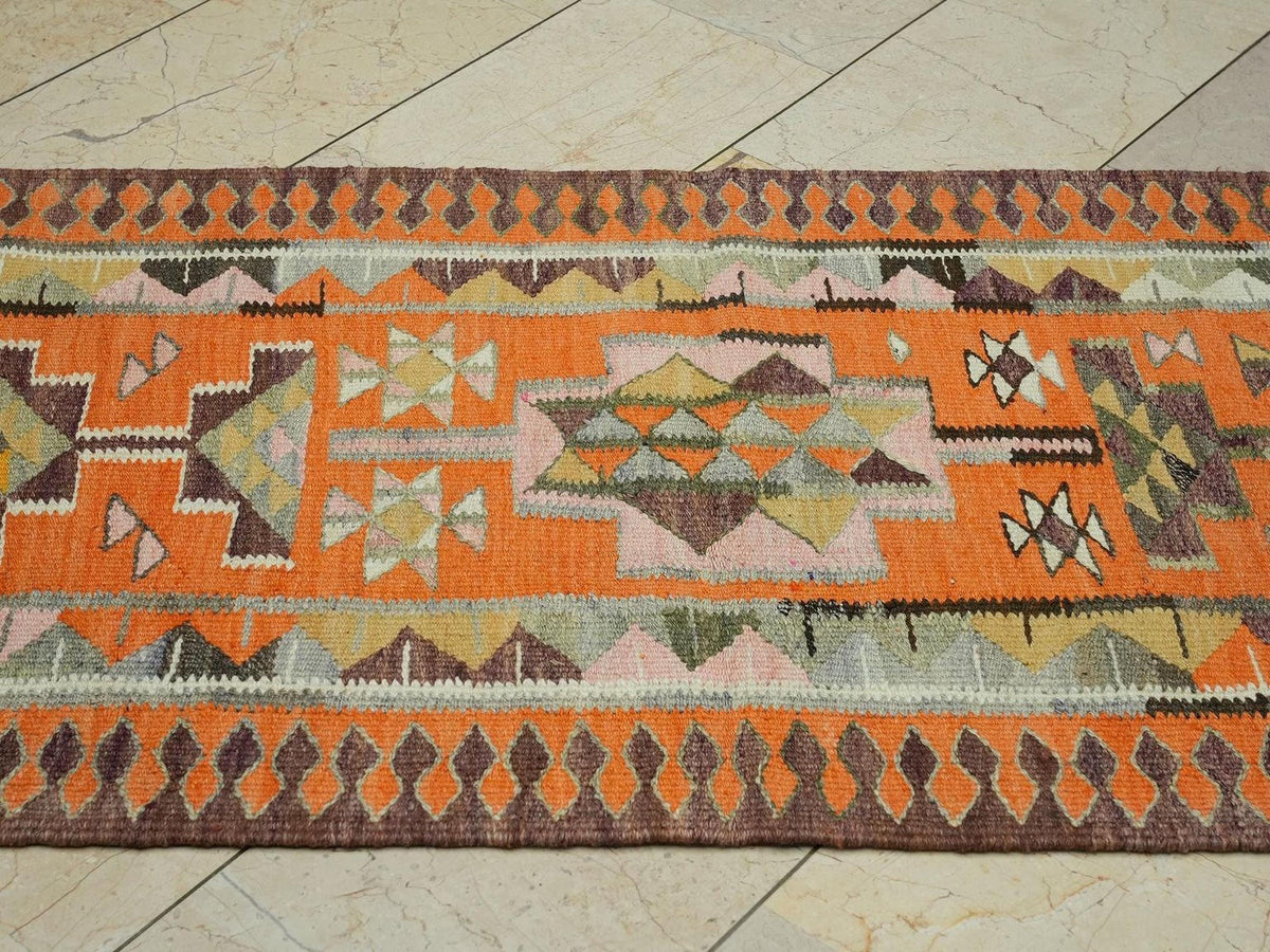 Vintage Turkish Kilim Rug Runner: Striped Wool Flat Weave, 2.8x9.2 ft