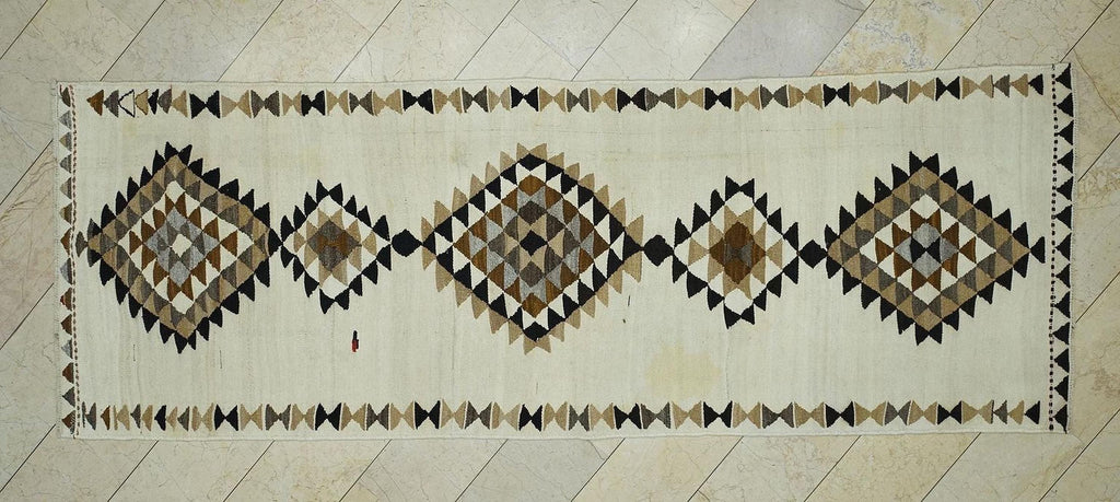 Old Turkish Kilim Rug Runner: Brown Cream Kitchen Decor Rugs 4x11,3 Ft.
