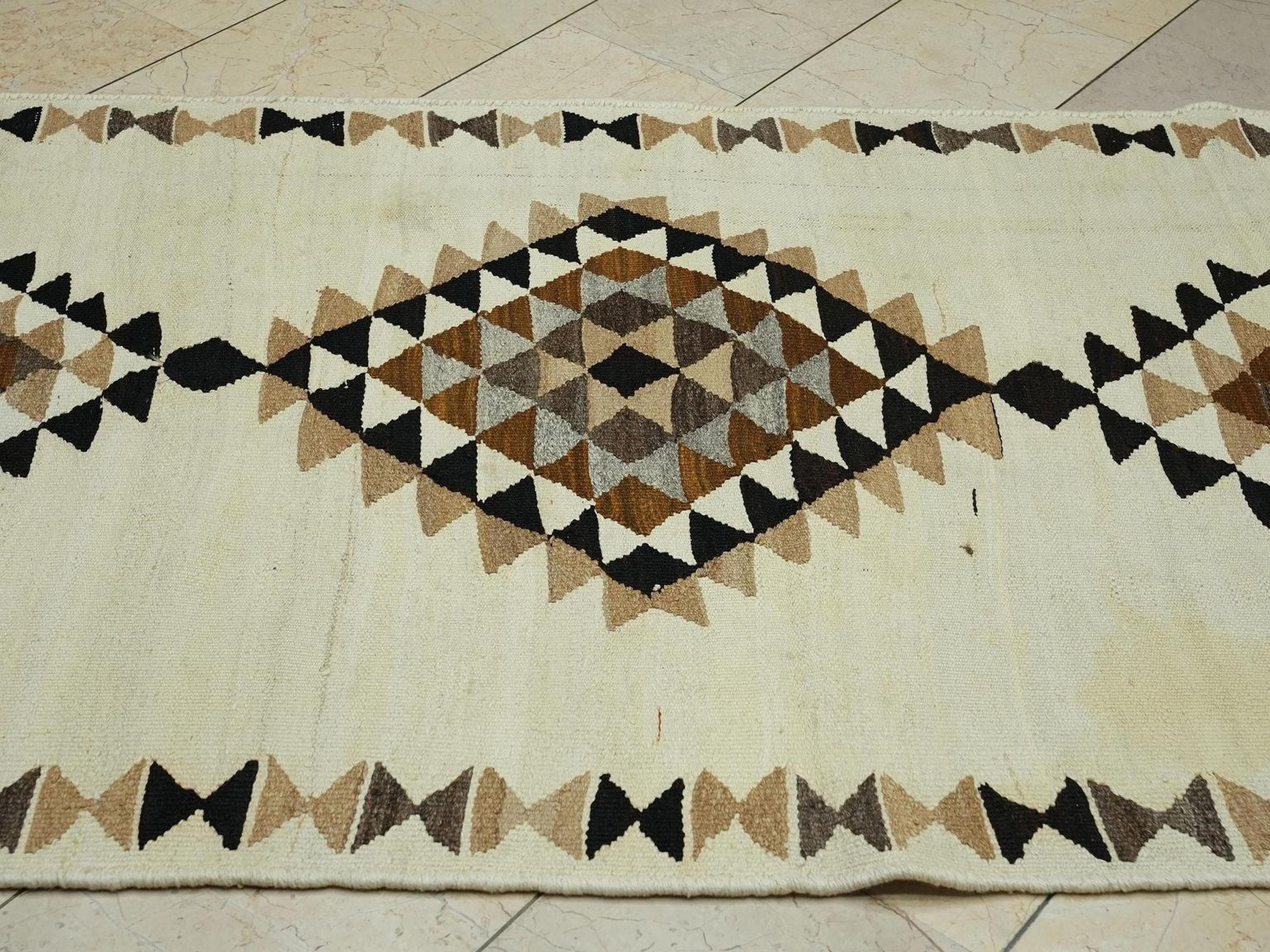 Old Turkish Kilim Rug Runner: Brown Cream Kitchen Decor Rugs 4x11,3 Ft.
