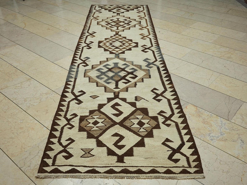 Vintage Turkish Kilim Rug Runner: 3.1"x11.2' Handwoven Wool Rugs.
