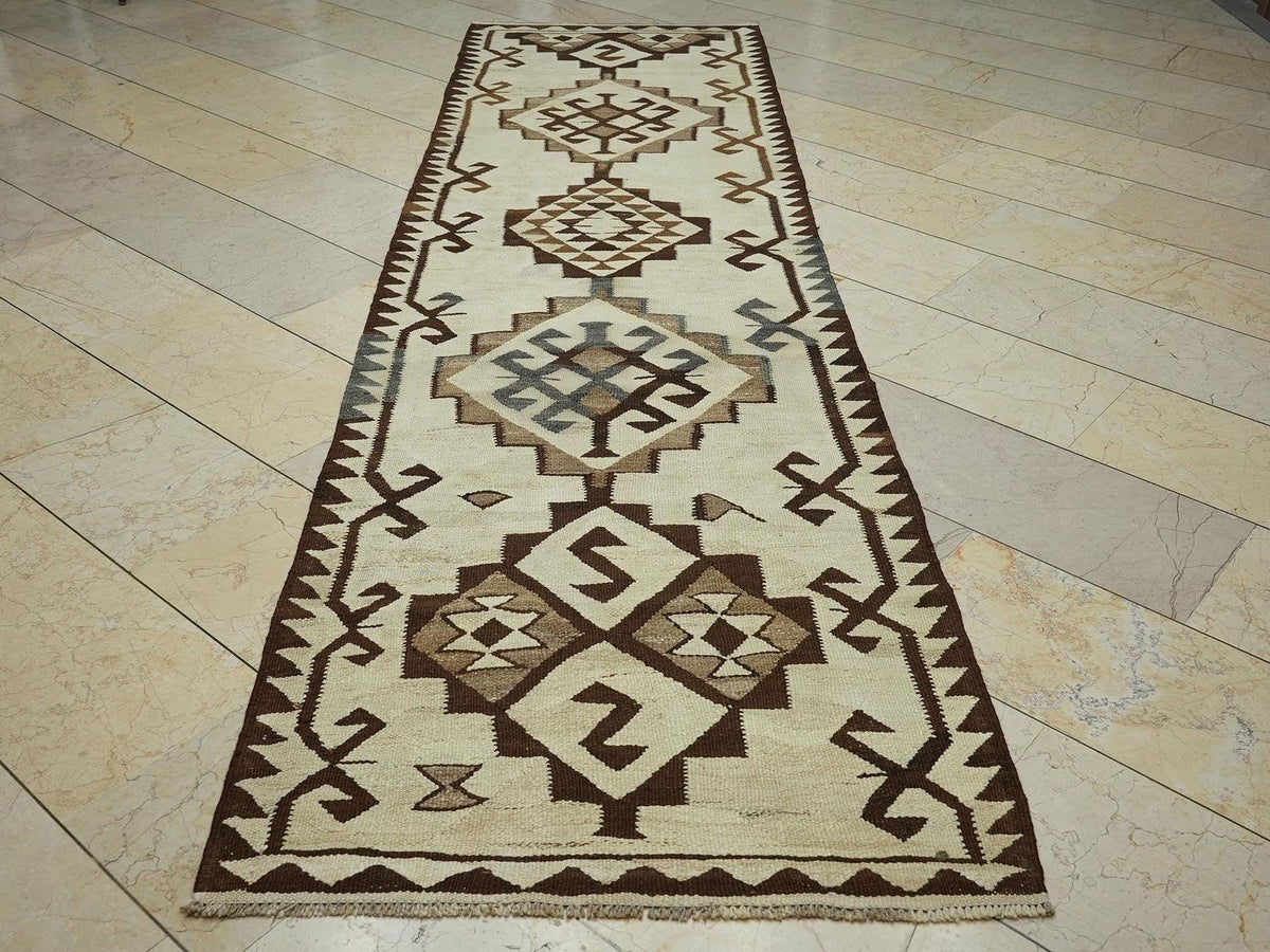 Vintage Turkish Kilim Rug Runner: 3.1"x11.2' Handwoven Wool Rugs.
