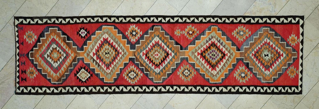 Tribal Kilim Rug Runner: Red Orange Turkish Wool Woven Rugs, 3,1"x11,5" Feet.