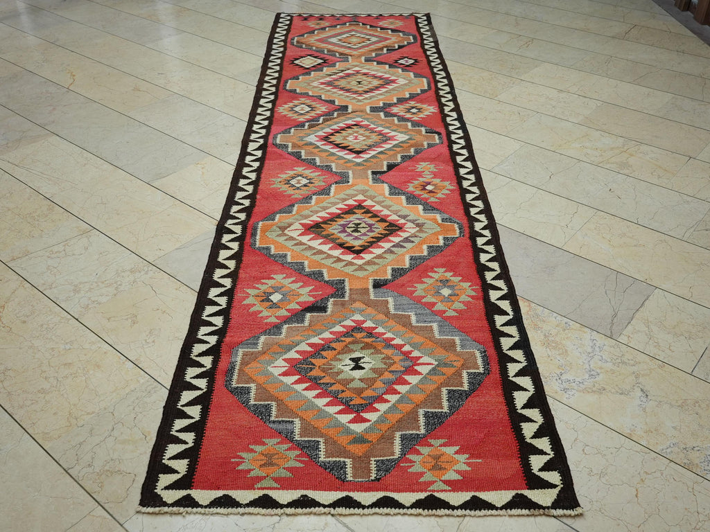 Tribal Kilim Rug Runner: Red Orange Turkish Wool Woven Rugs, 3,1"x11,5" Feet.