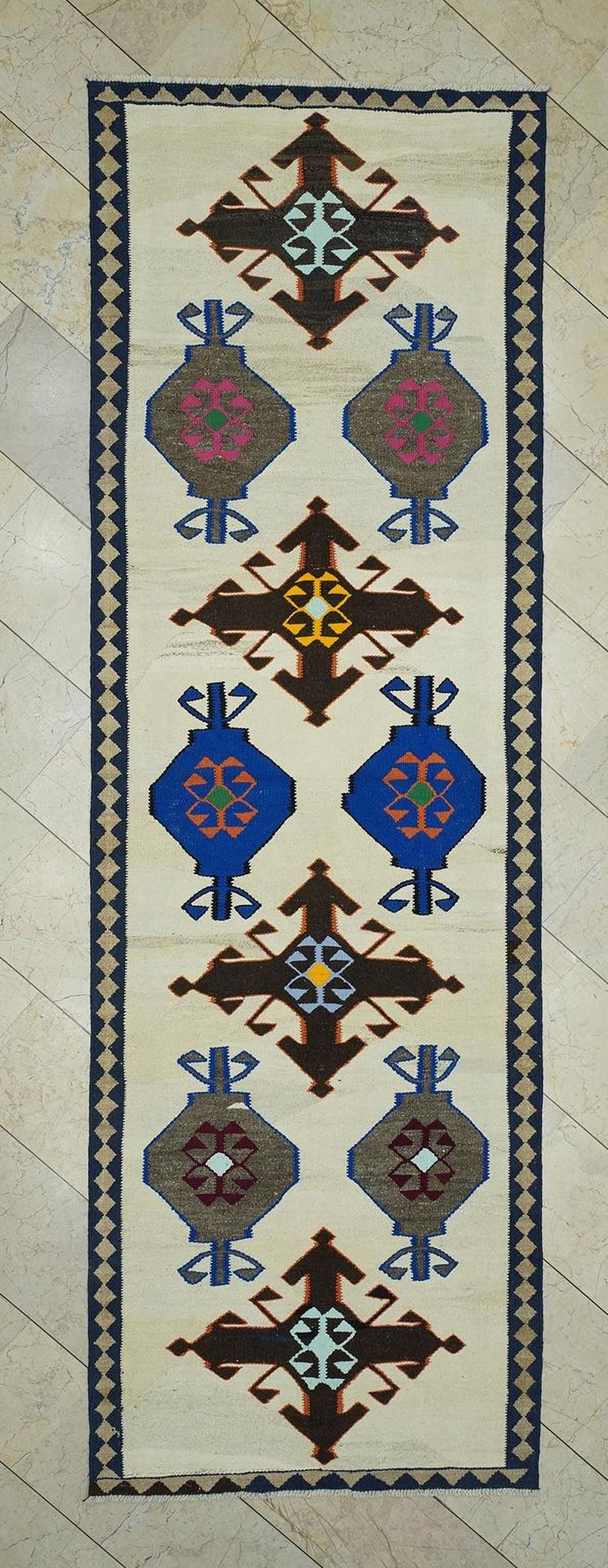 3.6x11 Multi Colors Vintage Turkish Rug Runner: Handwoven Kilim For Home Corridor Decor.