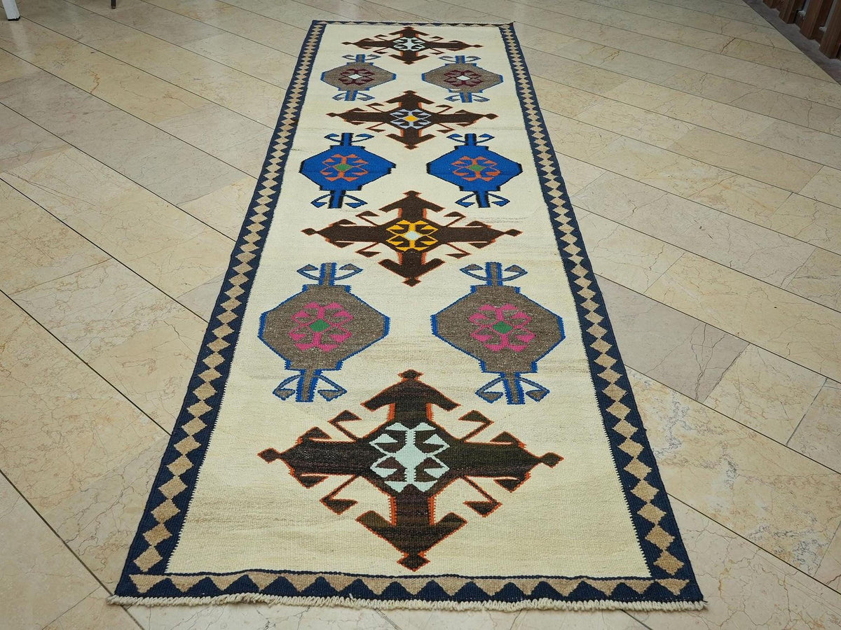 3.6x11 Multi Colors Vintage Turkish Rug Runner: Handwoven Kilim For Home Corridor Decor.