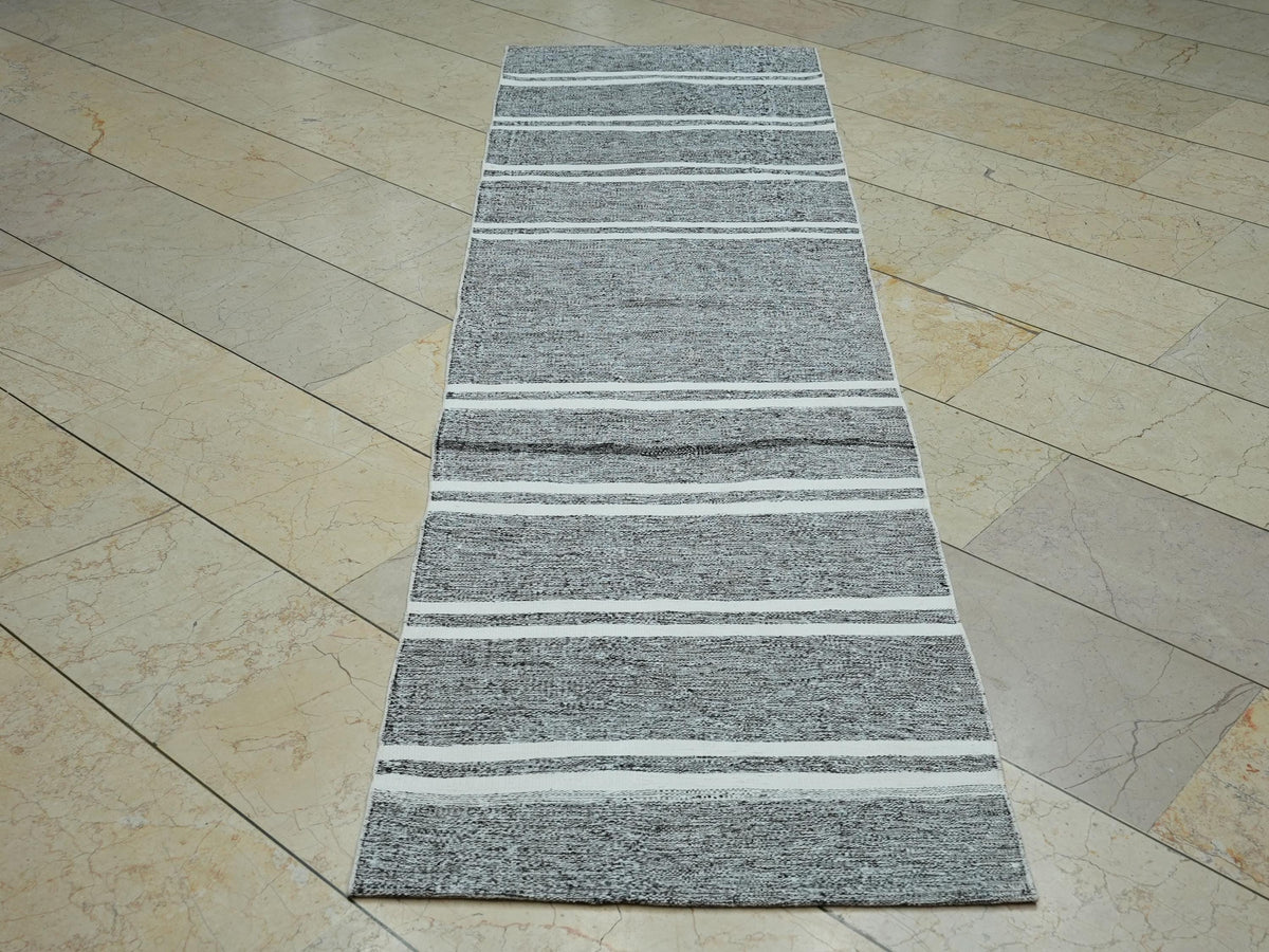 Gray and White Stripe Rug Runner: Flat Weave Kilim, 2.3x8.5 ft