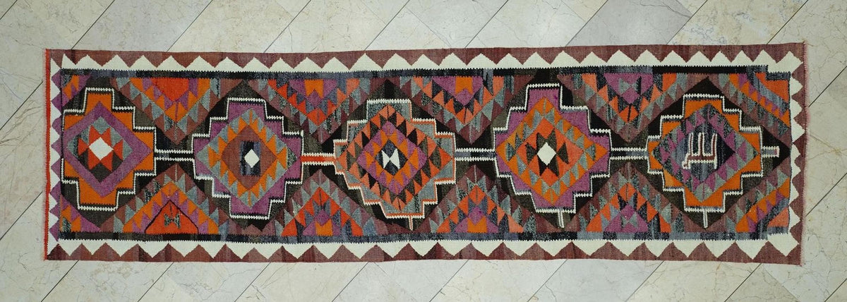 Vintage Turkish Kilim Rug Runner: Kitchen Decor Rugs, 2.9"x10.4" Feet