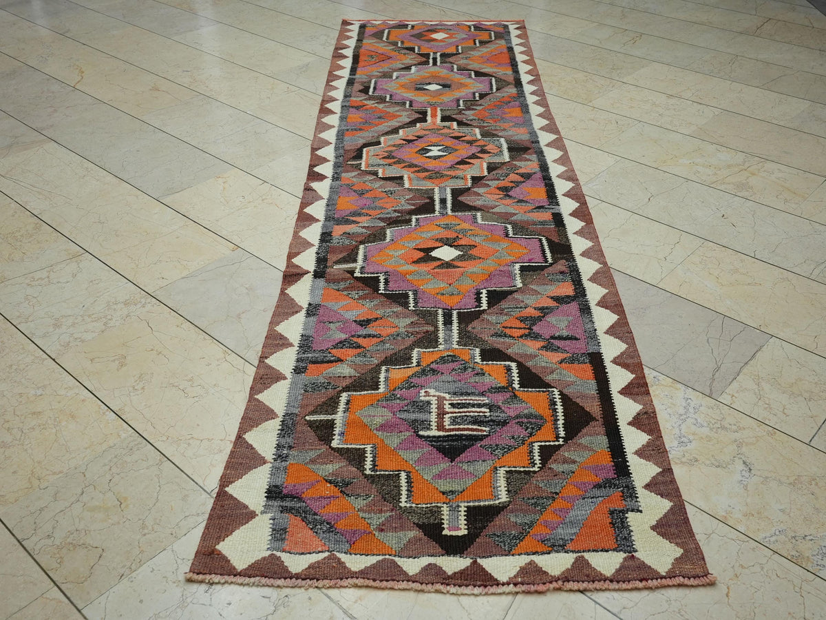 Vintage Turkish Kilim Rug Runner: Kitchen Decor Rugs, 2.9"x10.4" Feet