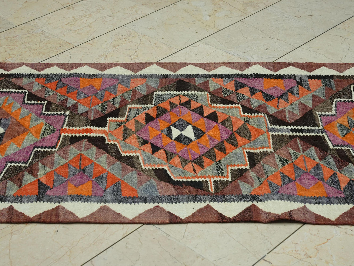 Vintage Turkish Kilim Rug Runner: Kitchen Decor Rugs, 2.9"x10.4" Feet