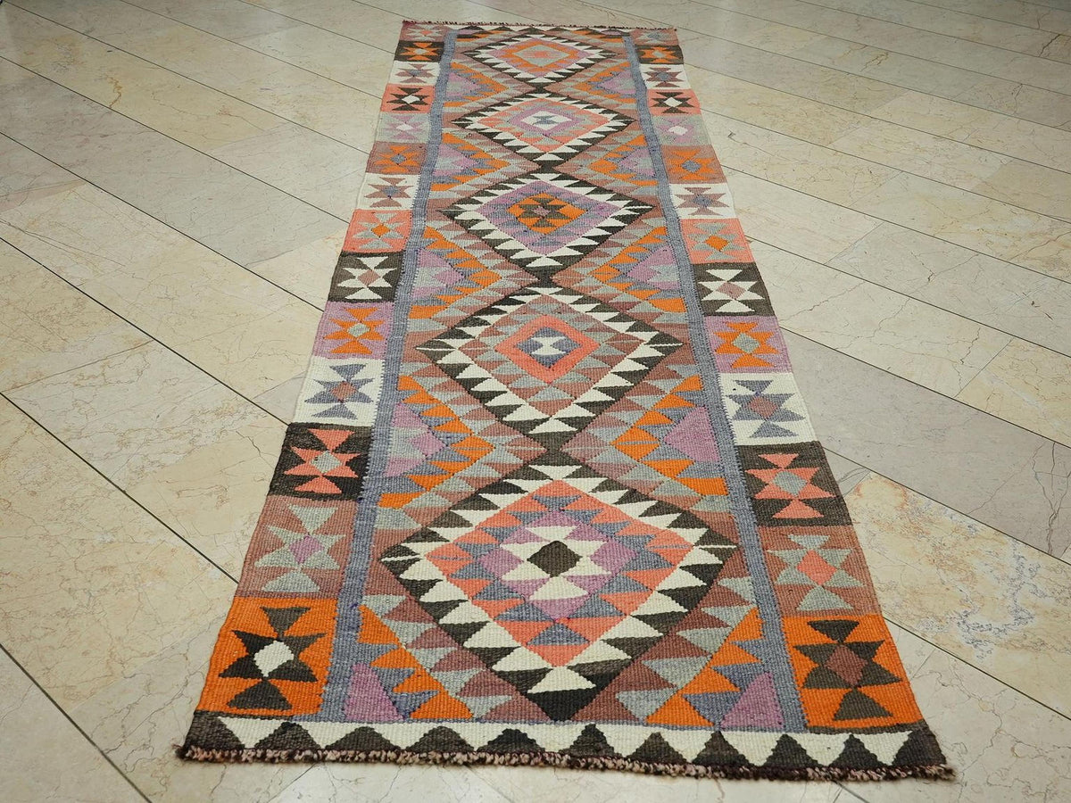 Vintage Turkish Kilim Rug Runner: Colorful Flat Weave Wool Rugs (3,1"x10,2" Feet)