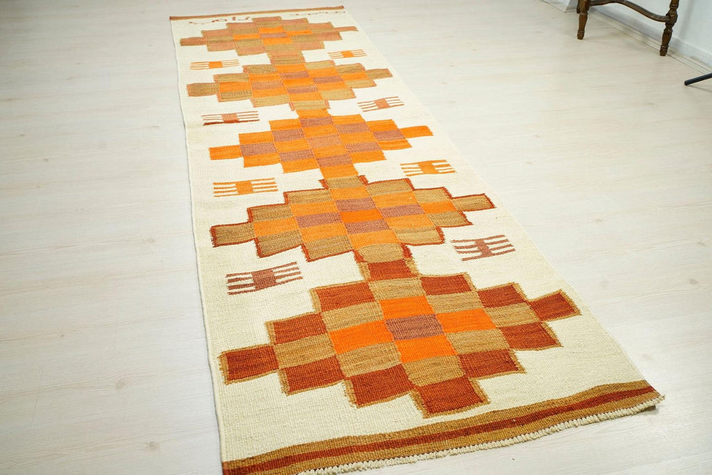 Orange & White Kilim Rug Runner: Flat Weave Turkish Wool Rugs, 3.3x10.4 ft