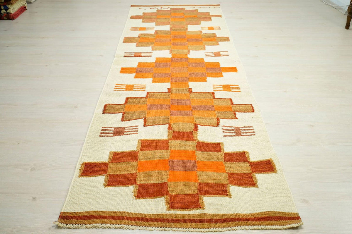 Orange & White Kilim Rug Runner: Flat Weave Turkish Wool Rugs, 3.3x10.4 ft