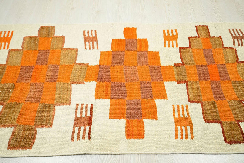 Orange & White Kilim Rug Runner: Flat Weave Turkish Wool Rugs, 3.3x10.4 ft