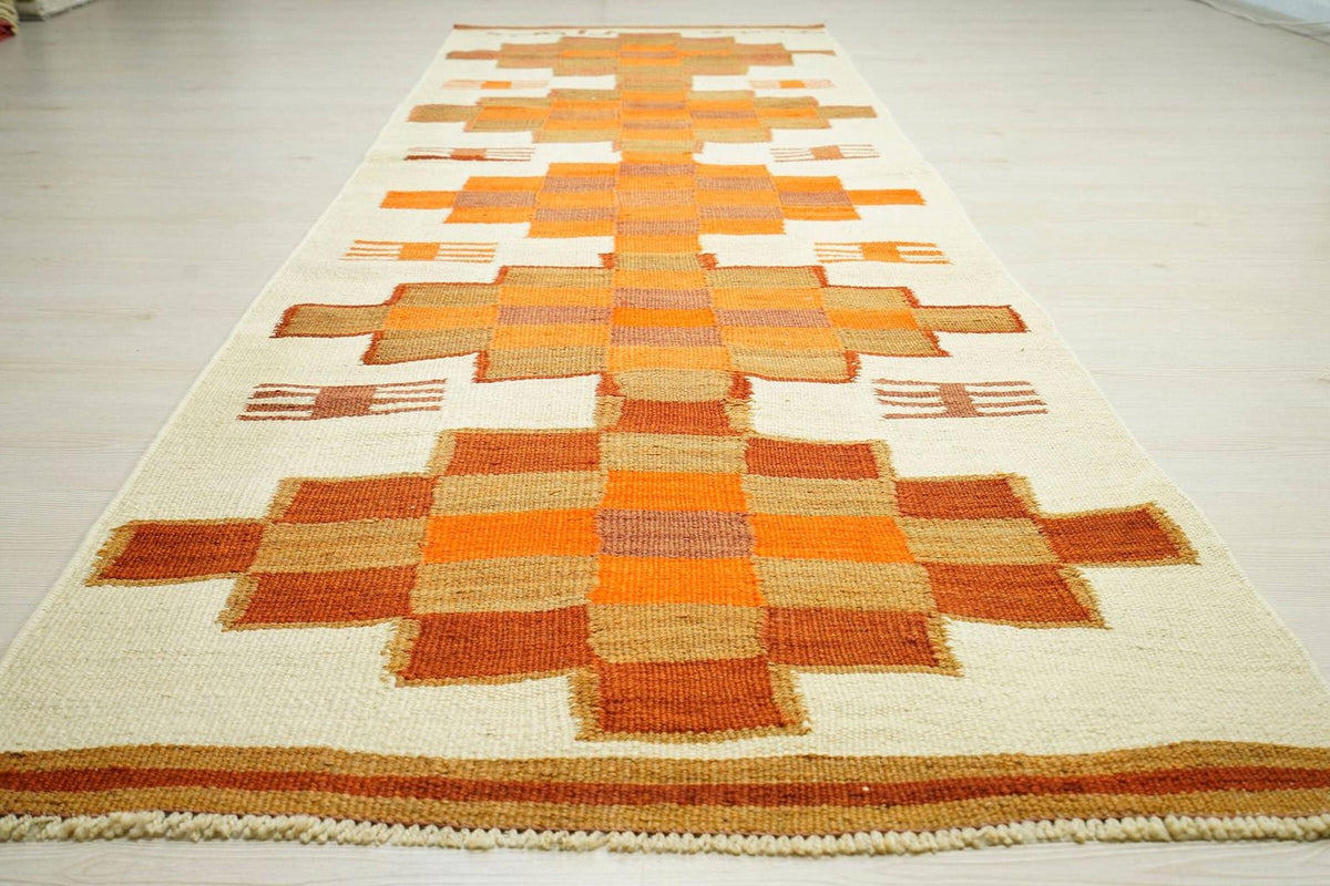 Orange & White Kilim Rug Runner: Flat Weave Turkish Wool Rugs, 3.3x10.4 ft